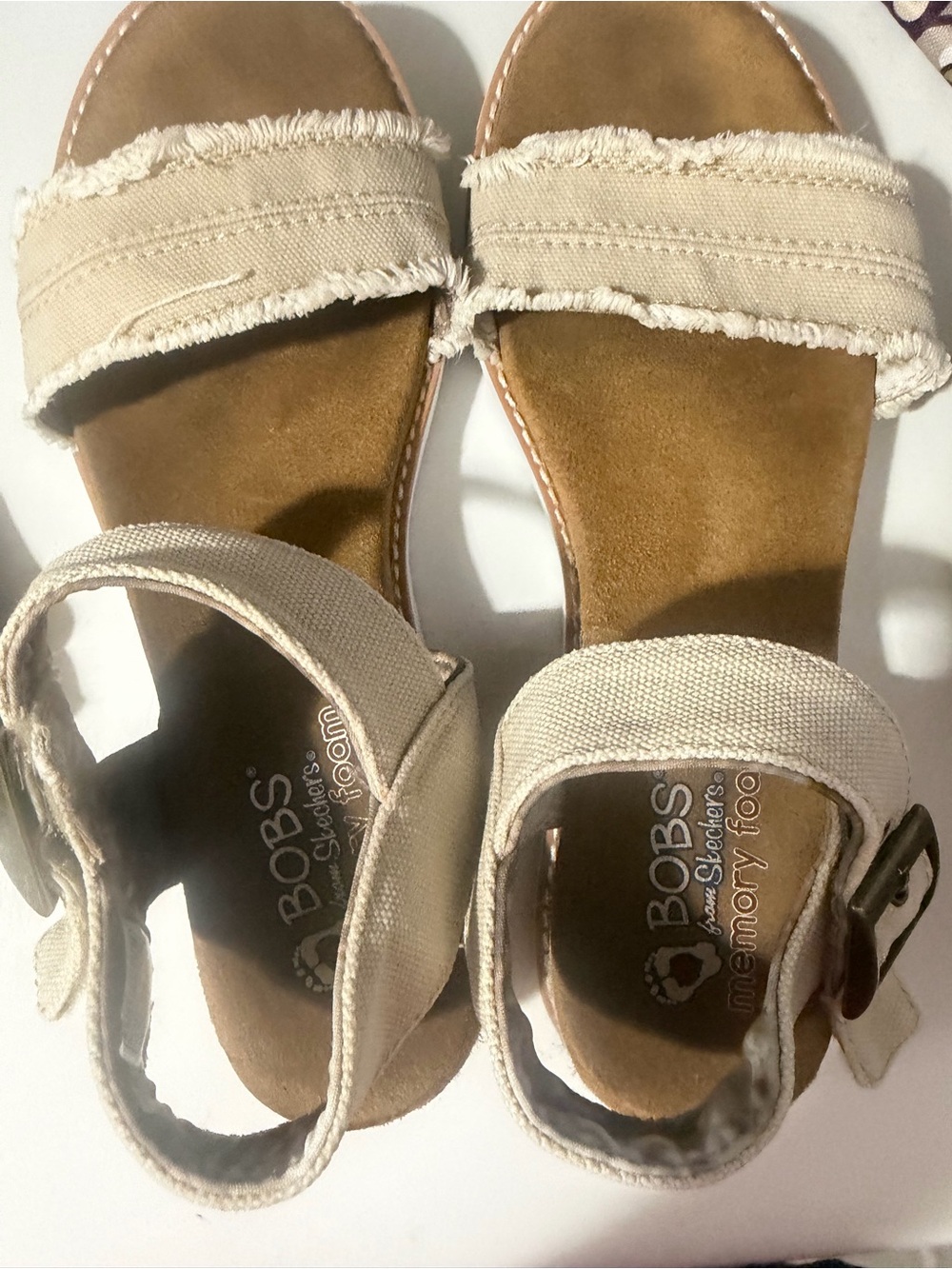 Skechers BOBS Girls Beige Frayed Canvas Strap Sandals